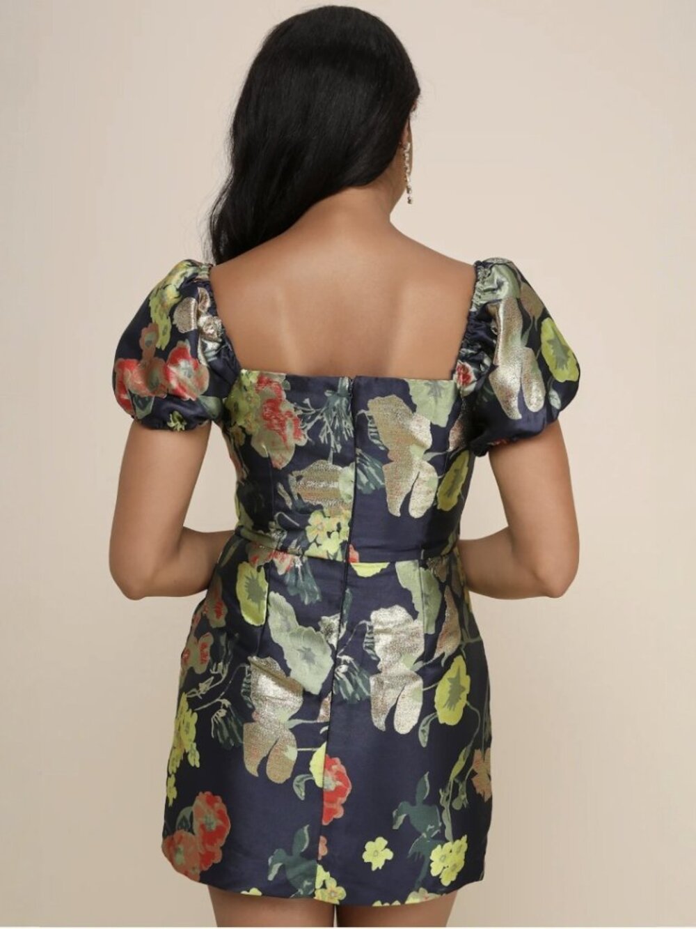 Lulus So Stunning Navy Blue Floral Jacquard Puff Sleeve Mini Dress NWT - Picture 7 of 16